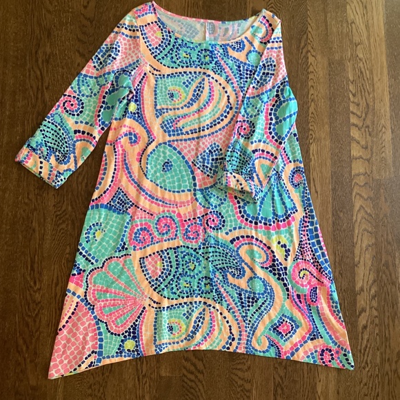 Lilly Pulitzer Edna Swing Dress Tile Wave Reduced Multi Asymmetrical Hem 3/4 Slv - Picture 13 of 13